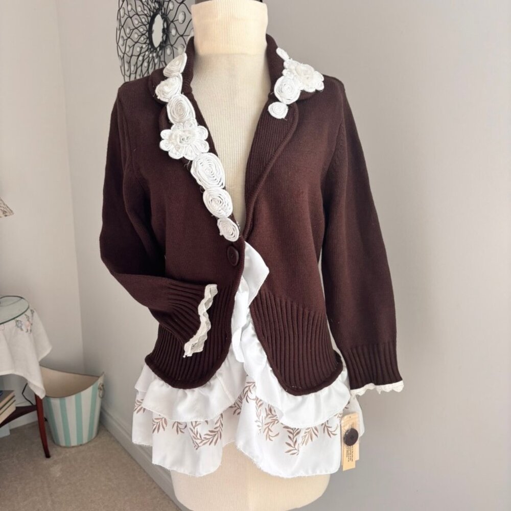 Reimagined ruffled brown cardigan sweater